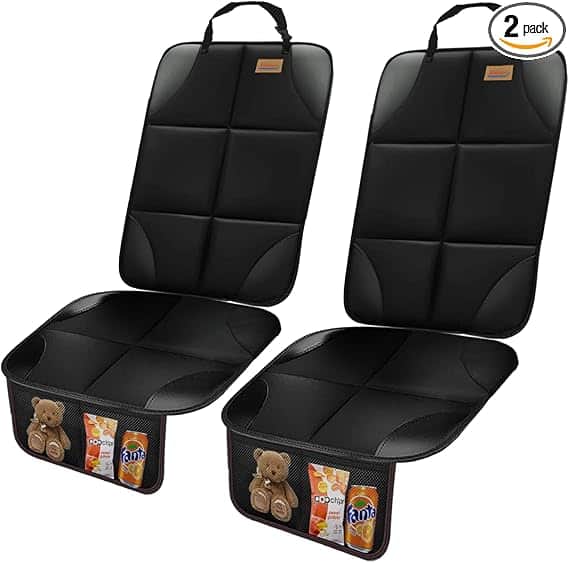 Two black car seat protectors with mesh pockets hold a teddy bear, juice box, and snacks. Labeled as a 2-pack—perfect for Tuesday Deals and keeping your backseat organized.