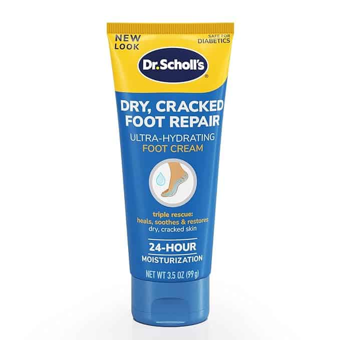 A tube of Dr. Scholl’s Dry, Cracked Foot Repair Ultra-Hydrating Foot Cream in yellow and blue packaging, highlighting 24-hour moisturization and benefits for dry, cracked skin—perfect for your Tuesday Deals haul.