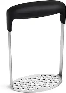 A stainless steel potato masher with a black, ergonomic handle and a flat, perforated mashing plate—perfect for your kitchen and now available in our Thursday Deals.