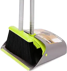 A gray and green dustpan set with a matching broom, perfect for Monday Deals. The dustpan has a tall handle and a rubber edge, while the broom features black bristles. Both handles stand upright and attach to the dustpan.