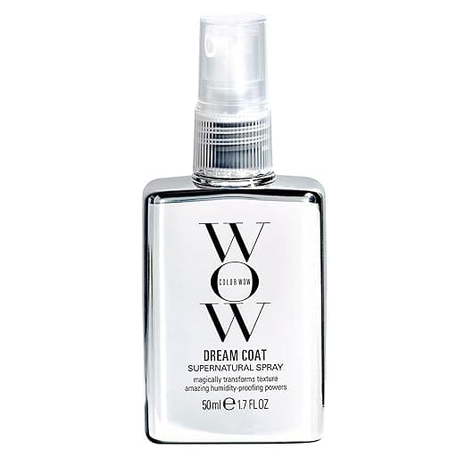 A silver and white spray bottle labeled "Color Wow Dream Coat Supernatural Spray" with text highlighting its humidity-proofing and texture-transforming properties; bottle size is 50 ml (1.7 fl oz). Perfect for snagging in this week's Monday Deals.
