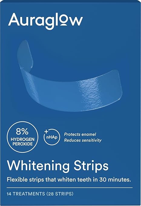 Blue box of Auraglow Whitening Strips featuring a clear strip image, product benefits like 8% hydrogen peroxide, enamel protection, and reduced sensitivity. Includes 14 treatments (28 strips). Enjoy bright smiles with exclusive Friday Deals!.
