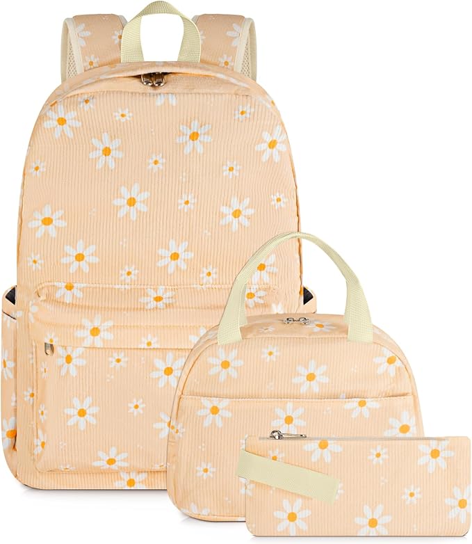 Peach-colored backpack set with white and yellow daisy print, including a backpack, lunch bag with handle, and pencil case. All items have matching patterns—perfect for Tuesday Deals with light-colored zippers and straps.