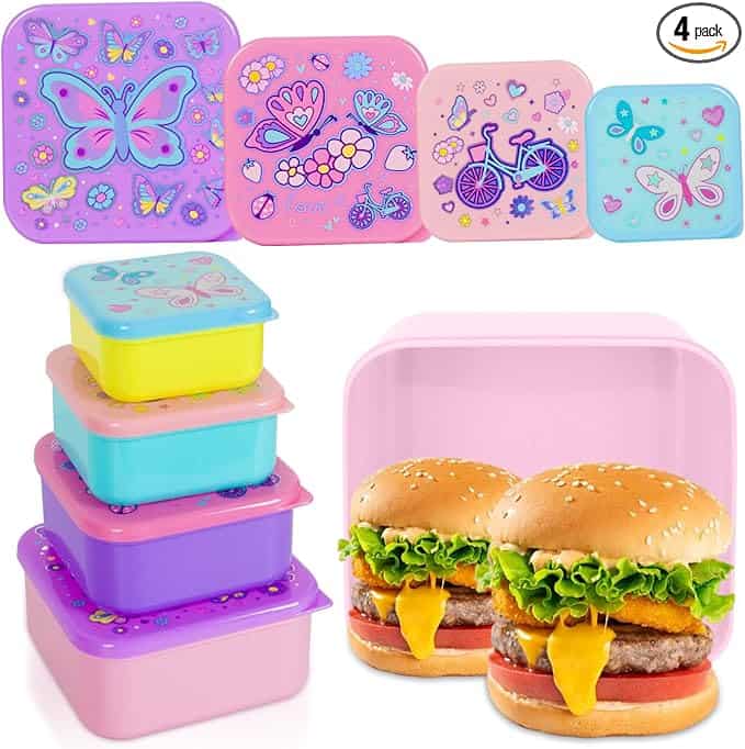 A set of four colorful, square lunchboxes with butterfly and floral designs, shown stacked and open—with two cheeseburgers inside the largest pink box—perfect for your Thursday Deals lunch essentials.