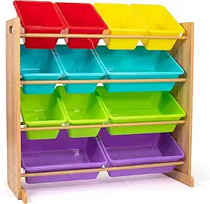 A wooden storage rack with four rows of colorful plastic bins—red, yellow, blue, green, and purple—organized and tilted for easy access. Perfect for Thursday Deals!.