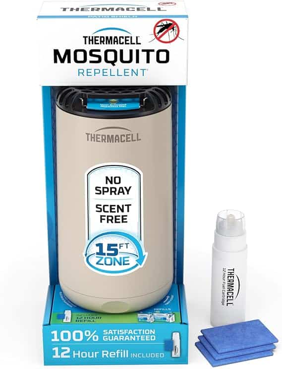 A Thermacell Mosquito Repellent device in packaging, showing "No Spray, Scent Free, 15 Ft Zone." Includes a bottle of repellent and blue pads. Look for Monday Deals on this set with "12 Hour Refill Included, 100% Satisfaction Guaranteed.