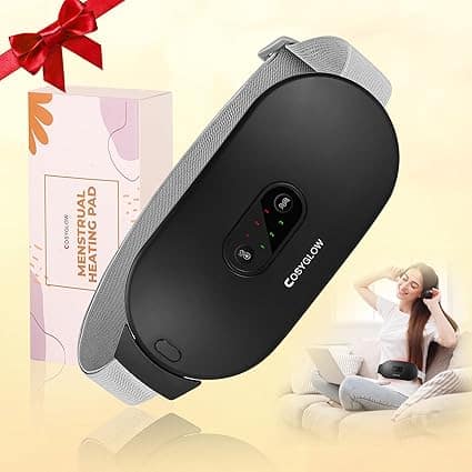 A black COSTGLOW menstrual heating pad with an adjustable strap is shown next to its box. Inset: a woman sitting on a couch, smiling and wearing the heating pad on her abdomen. A red ribbon and Friday Deals highlight this offer.