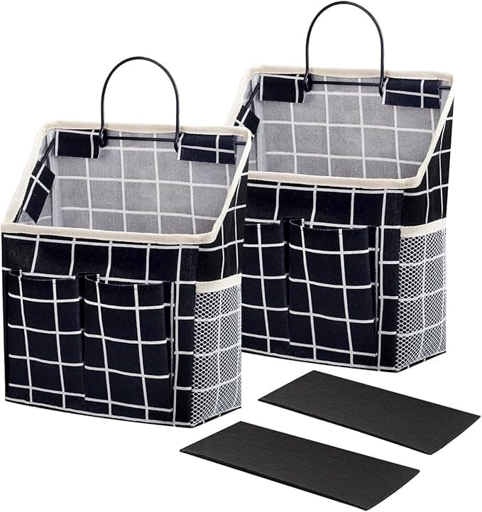 Two black storage baskets with white grid patterns, each featuring a handle and mesh side pockets. Two black rectangular inserts are placed in front—perfect for organizing your space. Don’t miss these Tuesday Deals!.