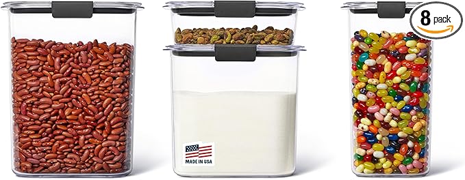 Three clear storage containers with black lids, perfect for Monday Deals, are filled with red beans, white powder topped with pistachios, and colorful jelly beans. An "8 pack" label is visible in the top right corner.