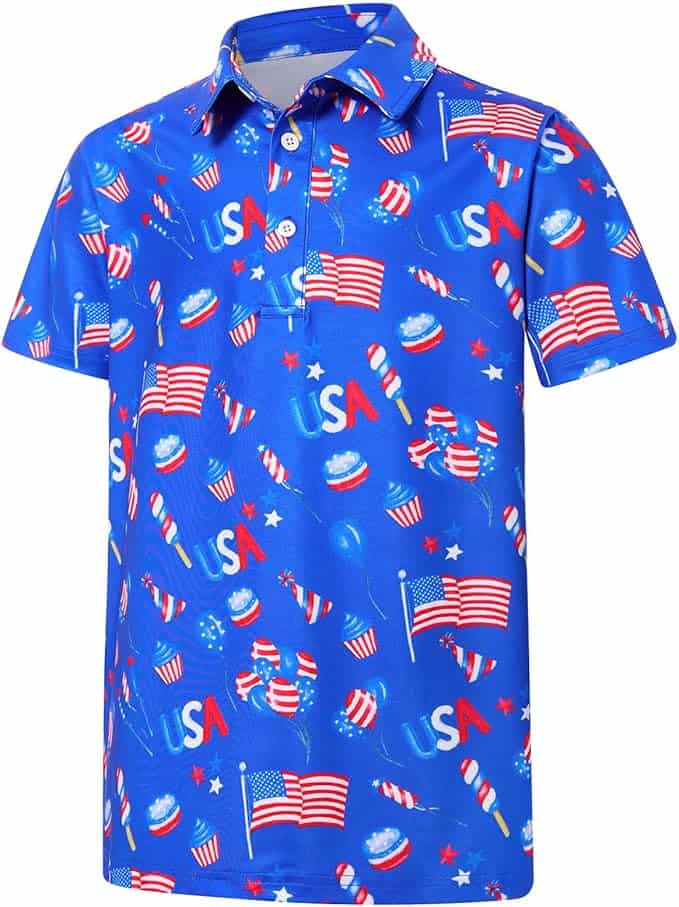 A blue short-sleeve polo shirt decorated with USA-themed images—like American flags, stars, cupcakes, “USA,” and popsicles in red, white, and blue—makes a fun pick for Thursday Deals.