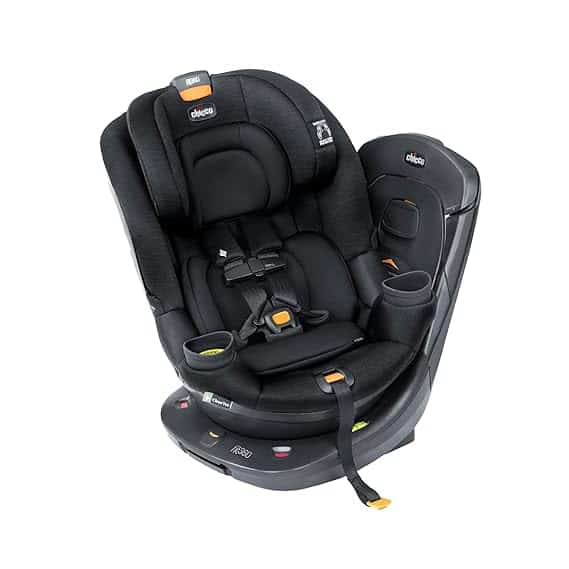 A black convertible child car seat with padded headrest, safety straps, cup holder, and various adjustment features, showcased on a white background—perfect for your Friday Deals shopping.