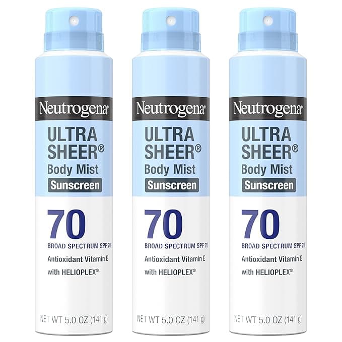 Three cans of Neutrogena Ultra Sheer Body Mist Sunscreen SPF 70, each 5 oz, with blue caps and white-blue gradient labels highlighting broad spectrum protection and antioxidant vitamin E. Perfect for stocking up with Tuesday Deals!.