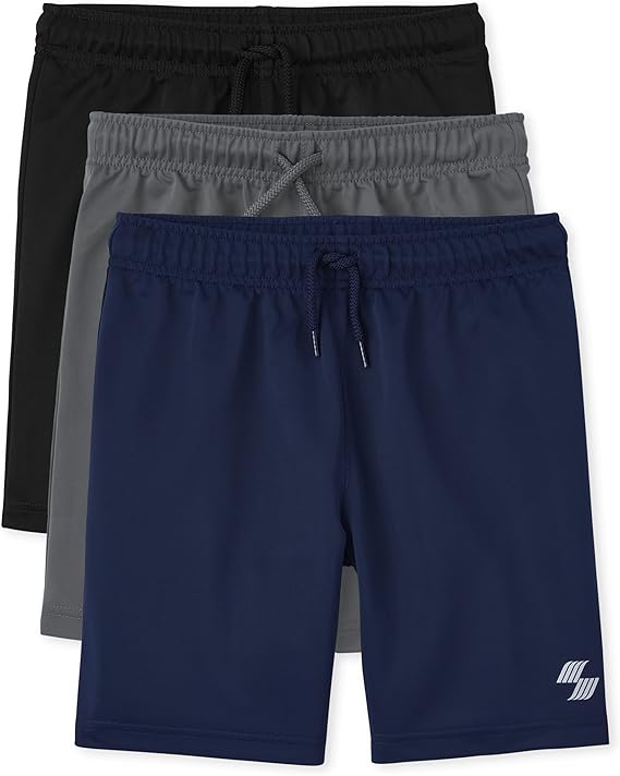Three pairs of athletic shorts in black, gray, and navy blue, each with an elastic waistband and drawstring, stacked in a fanned arrangement. Shop Friday Deals to score the navy pair with a small white logo on the leg.