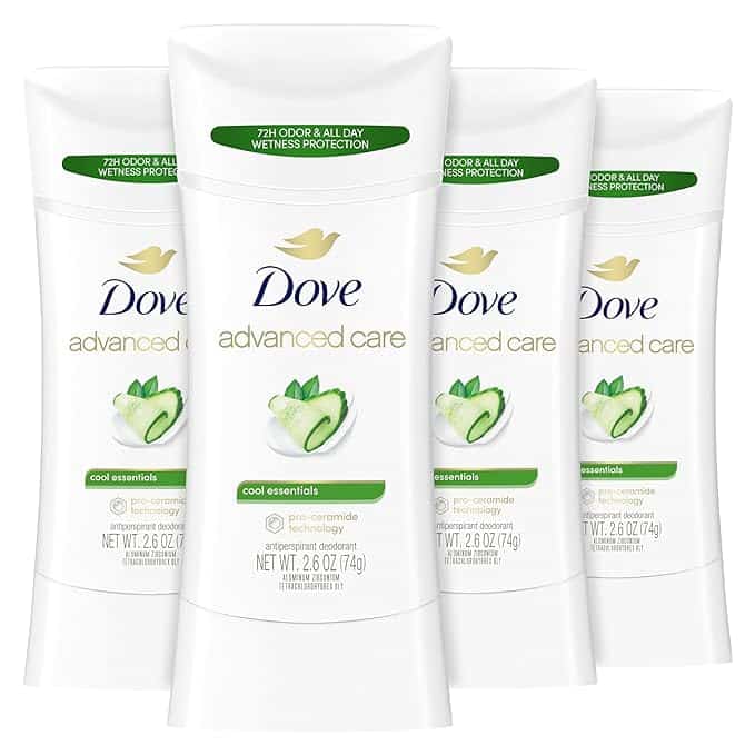 Four Dove Advanced Care Cool Essentials antiperspirant deodorant sticks are arranged side by side. Each white container features green cucumber and leaves imagery on the front label—perfect for freshening up with Monday Deals.