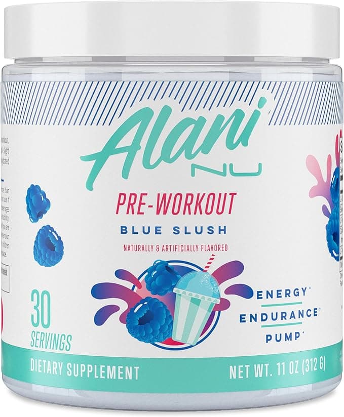 A container of Alani Nu Pre-Workout in Blue Slush flavor, featuring blue raspberries, a blue drink with a straw, and text highlighting 30 servings, energy, endurance, pump benefits—perfect to snag during Tuesday Deals.