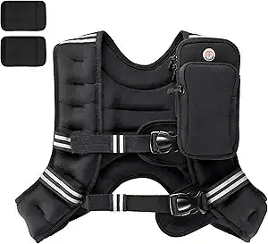 Black weighted workout vest with adjustable straps, reflective strips, and a zippered front pocket. Take advantage of Thursday Deals on this vest—two rectangular pads are shown in the top left corner.