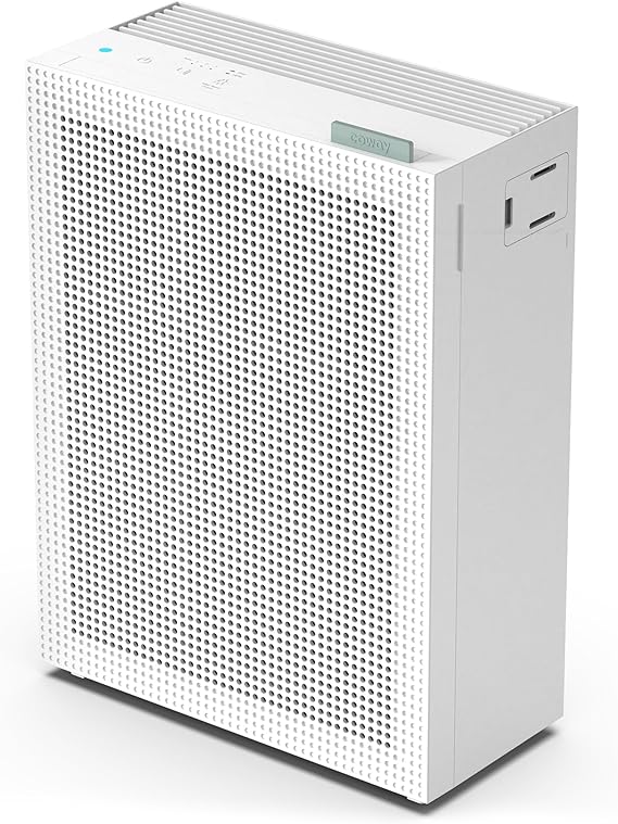 A modern, rectangular white air purifier with a perforated front panel and digital display on top, shown at an angle on a plain background—perfect for refreshing your space and taking advantage of exclusive Monday Deals.