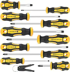 A set of ten screwdrivers with black and yellow handles, arranged in rows. The set includes both flathead and Phillips screwdrivers, plus a handy keychain with two mini tools—perfect for Thursday Deals!.