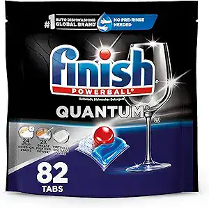 A package of Finish Powerball Quantum dishwasher detergent with 82 tabs. The front displays a clear wine glass, detergent pod image, and product claims like "No Pre-Rinse Needed." Shop Thursday Deals for 24-hour shine on tough stains.