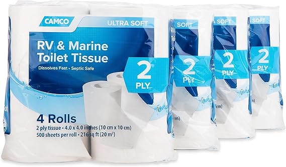 Four packs of Camco Ultra Soft RV & Marine Toilet Tissue, each with 4 rolls of 2-ply tissue. The blue and white packaging reads "dissolves fast, septic safe." Stock up now with Monday Deals!.