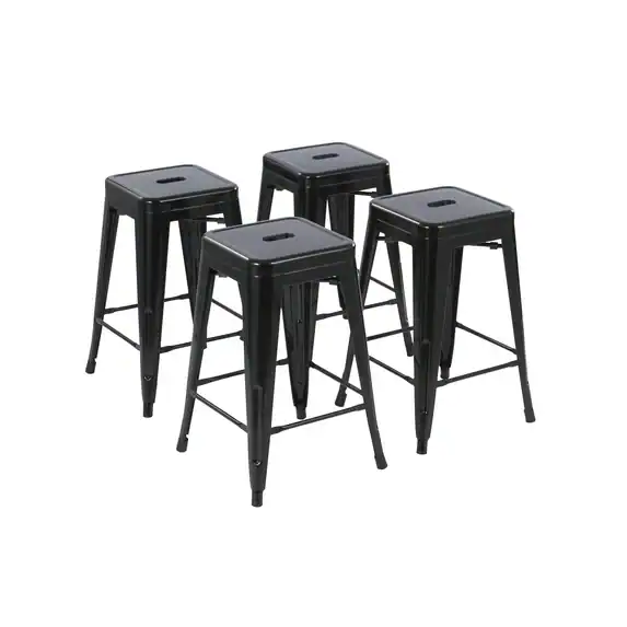 Four black metal bar stools with square seats and footrests, arranged in a group on a white background—perfect for stylish seating and ideal for Monday Deals.