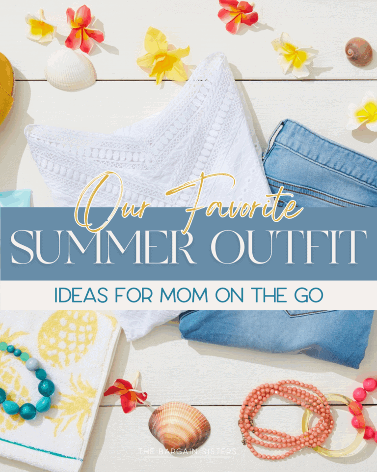 A flat lay of summer essentials including a white lace top, blue jeans, yellow towel, seashells, flowers, colorful beaded jewelry, and summer door wreaths with the text "Our Favorite Summer Outfit: Ideas for Mom on the Go.