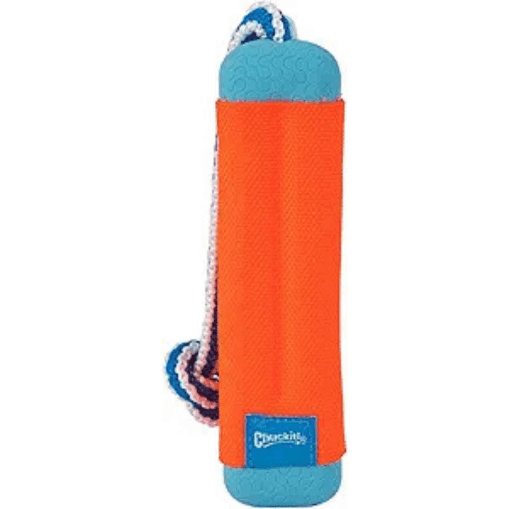 A brightly colored dog retrieval toy with blue ends, an orange fabric center, and a multicolored rope attached, featuring the "Chuckit!" brand label—perfect for playtime and now available in our Thursday Deals!.
