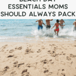 Children running into the waves with floaties and beach bags, representing beach day essentials.