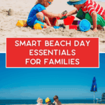 Kids playing in the sand near umbrellas and coolers packed with beach day essentials.