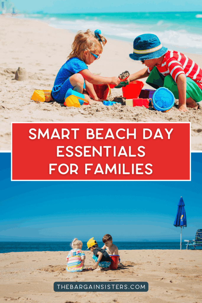 Kids playing in the sand near umbrellas and coolers packed with beach day essentials.