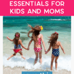 Group of kids jumping into ocean waves, surrounded by beach day essentials like sunscreen and water bottles.