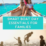 Family on a pontoon boat surrounded by towels, snacks, and other boat day essentials.