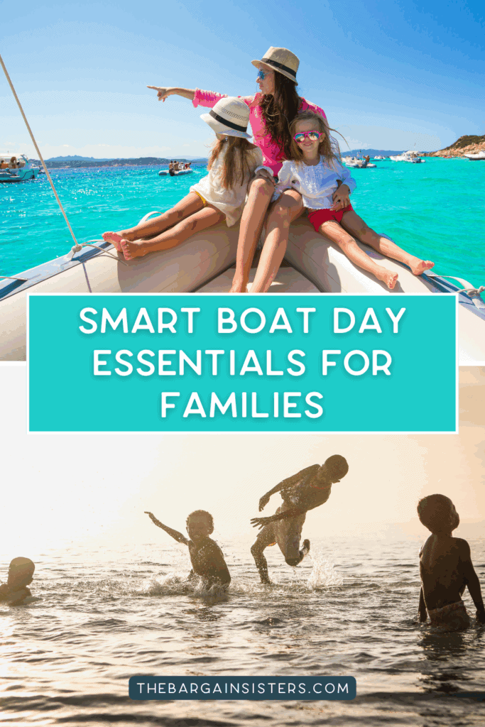 Family on a pontoon boat surrounded by towels, snacks, and other boat day essentials.