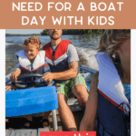 Family boating trip with kids in hats and swimsuits, showcasing all the must-have boat day essentials.