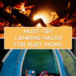 Organized campsite with labeled bins and kid-friendly gear showing helpful camping hacks.