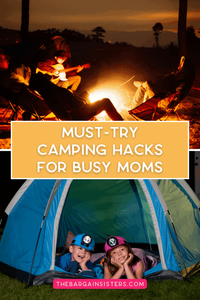 Organized campsite with labeled bins and kid-friendly gear showing helpful camping hacks.