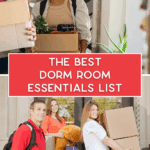 A parent and student unloading a car with labeled boxes of dorm room essentials.