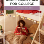 Bedding, organizers, and desk lamp set up in a small space representing dorm room essentials.