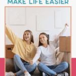 Closet space filled with baskets and hangers showing off space-saving dorm room essentials.