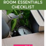 Folded bedding and collapsible hampers stacked for move-in with all dorm room essentials.