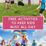 Children using sidewalk chalk and laughing outside during free kids activities.