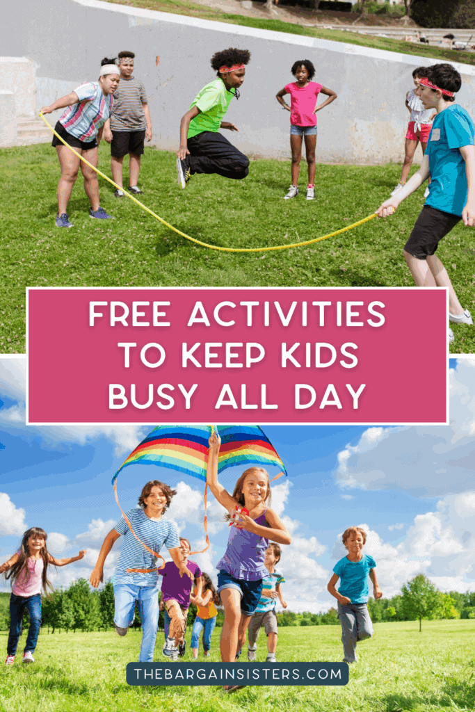 Children using sidewalk chalk and laughing outside during free kids activities.