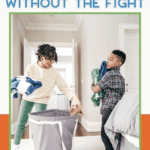 Mom and daughter smiling while sweeping the kitchen as a tip for how to get kids to do their chores.