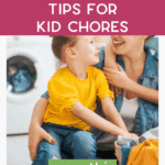 Siblings putting away toys using baskets and labels focused on how to get kids to do their chores.
