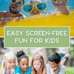 Children jumping rope and playing tag in a backyard showcasing screen free activities.