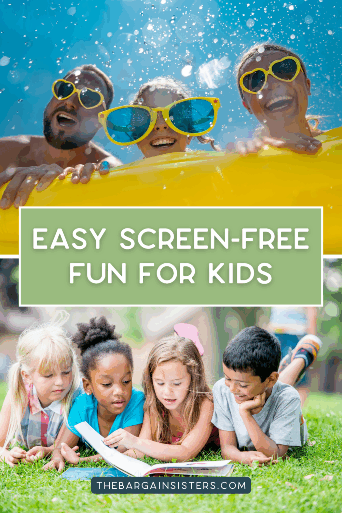 Children jumping rope and playing tag in a backyard showcasing screen free activities.