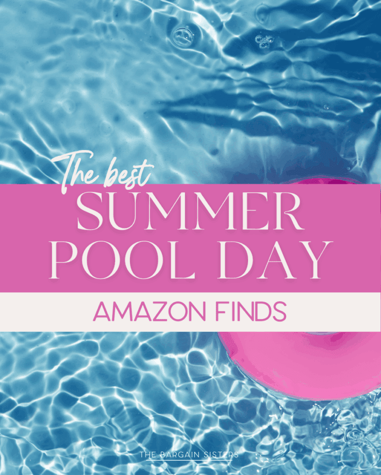 A pink pool float in clear blue water with text overlay: "The best SUMMER POOL DAY AMAZON FINDS, from vibrant floats to summer door wreaths.
