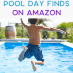 A boy in blue swim trunks jumps into a backyard pool on a sunny day. Text above reads, “Best Summer Pool Day Finds on Amazon.” A website, thebargainsisters.com, appears at the bottom.