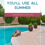 A backyard pool with clear blue water, surrounded by a stone patio, potted plants, and green shrubs. Text overlay reads: "Pool day finds you'll use all summer. thebargainsisters.com".