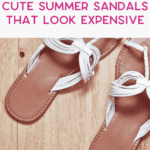 A pair of tan sandals with white braided straps is displayed on a wooden floor. Text above reads, "Cute summer sandals that look expensive.